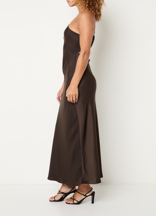 Modström Narcissa one shoulder midi jurk van satijn - achterkant 4 donkerbruin
