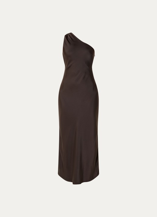 Modström Narcissa one shoulder midi jurk van satijn - voorkant donkerbruin