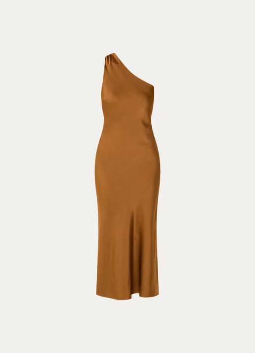 Modström Narcissa one shoulder midi jurk van satijn - voorkant 3 roestbruin