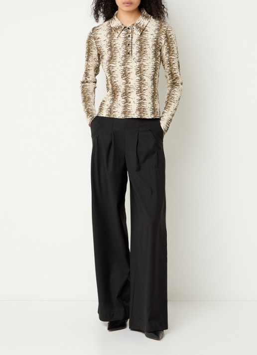 Modström Pilou high waist wide fit pantalon in wolblend met steekzakken - voorkant 4 zwart