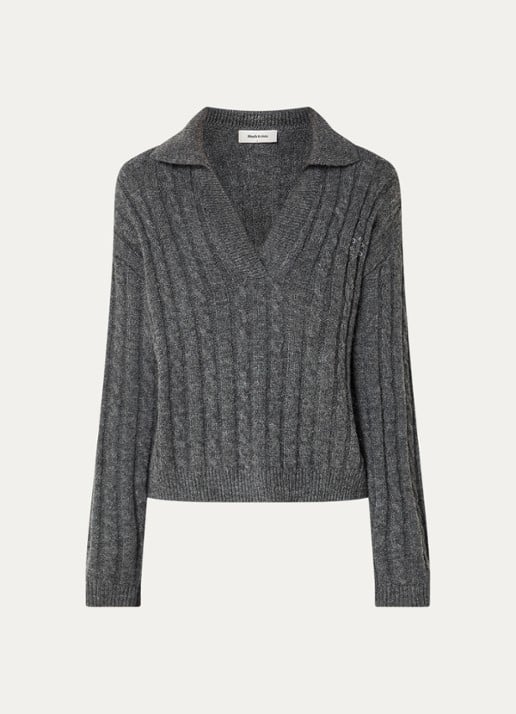 Modström Rise kabelgebreide polo in alpaca wolblend  - voorkant donkergrijs