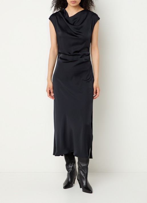 Modström Tailor midi jurk van satijn met split - detail 4 donkerblauw