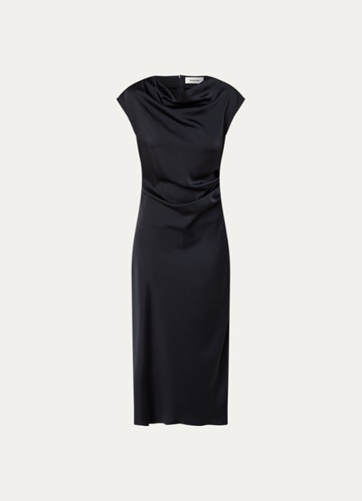 Modström Tailor midi jurk van satijn met split - voorkant 2 donkerblauw