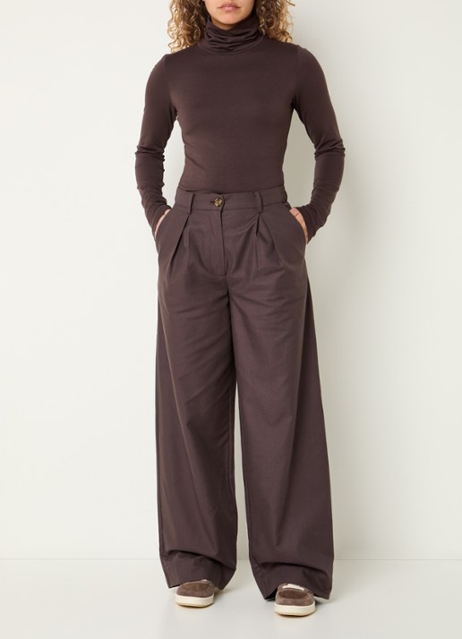 Modström Tore high waist wide fit pantalon met steekzakken - voorkant 4 donkerbruin