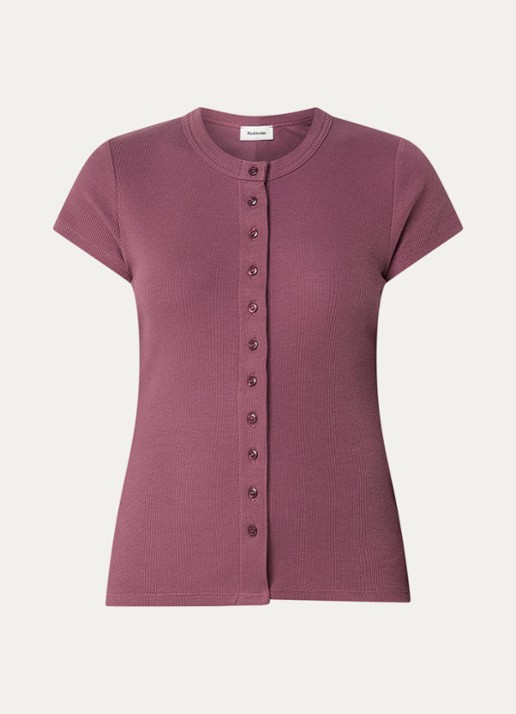 Modström Vilson T-shirt met ribstructuur - voorkant 2 aubergine