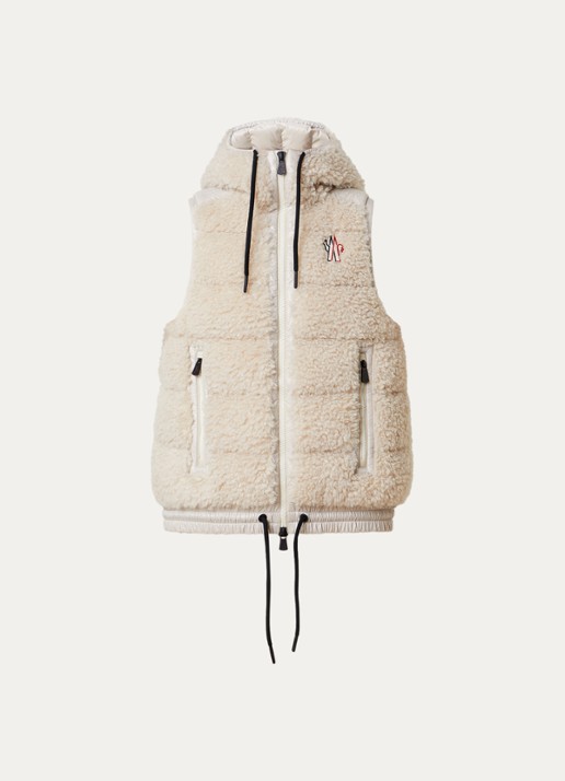 Moncler Bodywarmer van teddy met logo en steekzakken - voorkant beige