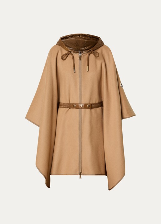 Moncler Cape in wolblend met ceintuur en capuchon - voorkant 2 camel