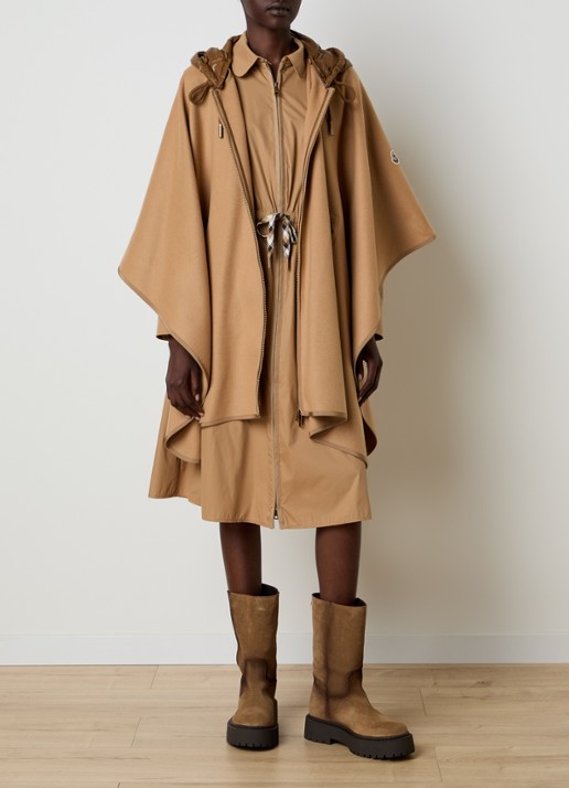 Moncler Cape in wolblend met ceintuur en capuchon - voorkant 3 camel