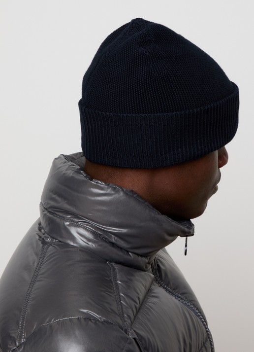 Moncler Fijngebreide muts in kasjmierblend met logo - voorkant 2 donkerblauw
