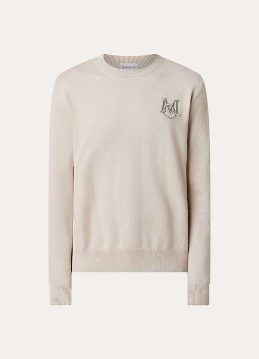 Moncler Fijngebreide pullover met logoborduring - voorkant 3 beige