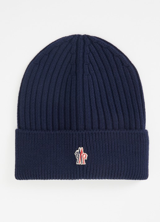 Moncler Grenoble ribgebreide muts van wol - voorkant donkerblauw