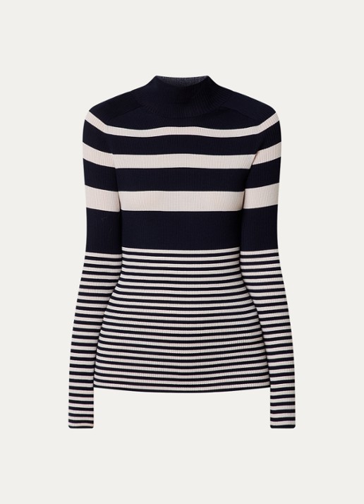 Moncler Grofgebreide coltrui van scheerwol met streepprint - voorkant donkerblauw