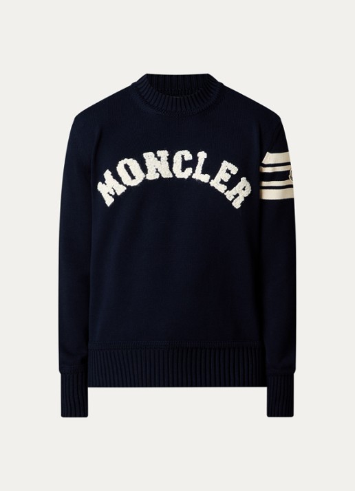 Moncler Grofgebreide trui met logoborduring - voorkant donkerblauw