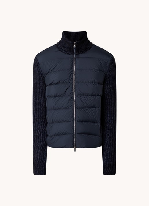 Moncler M3543 grofgebreid vest in wolblend met gewatteerd voorpand met donsvulling - voorkant blauw