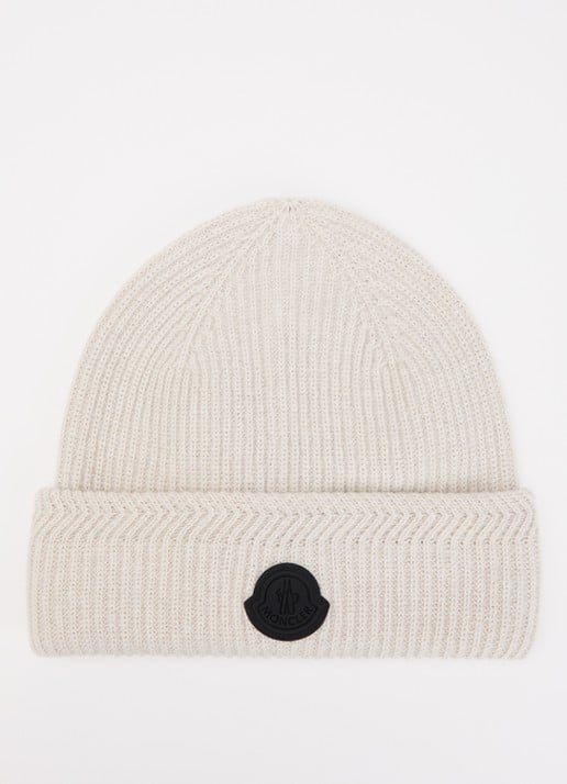 Moncler Muts in kasjmierblend met logo - voorkant beige