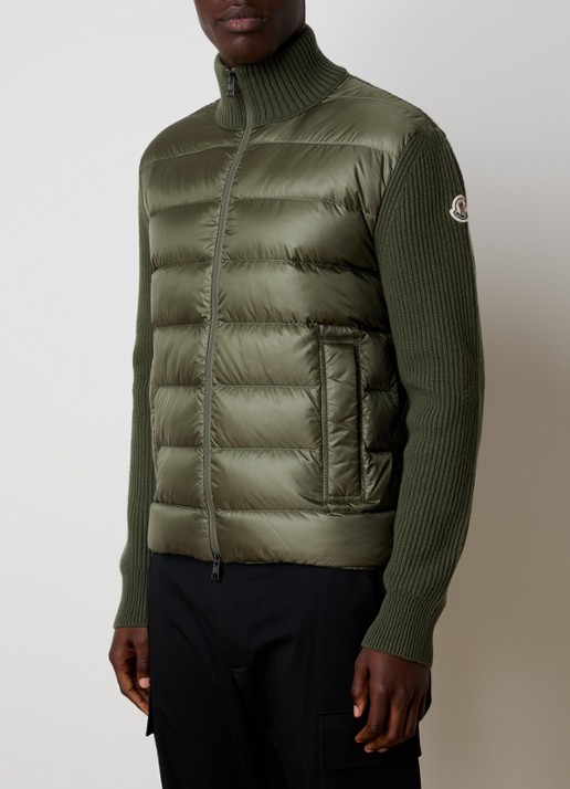Moncler Ribgebreid vest in kasjmierblend met gewatteerd voorpand - detail legergroen