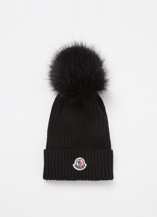 Moncler Ribgebreide muts van wol met logo - voorkant zwart