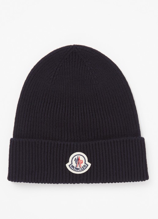 Moncler Ribgebreide muts van wol met logo - voorkant blauw