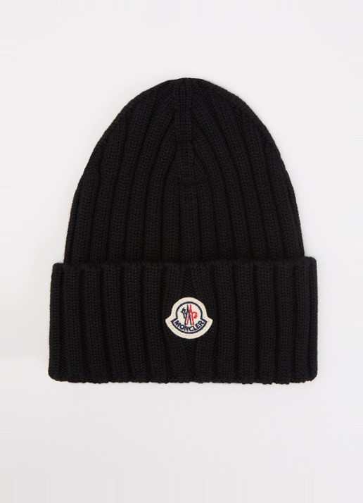 Moncler Ribgebreide muts van wol met logo - voorkant zwart