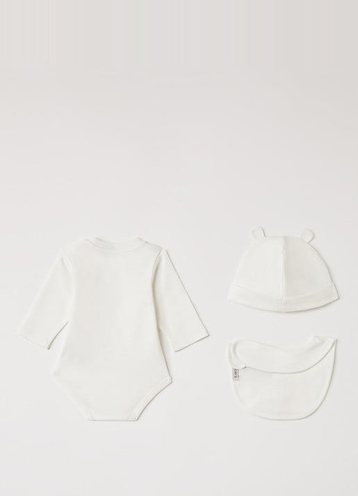 Moncler Set van romper met muts en slab in giftbox 3-delig - voorkant 2 wit