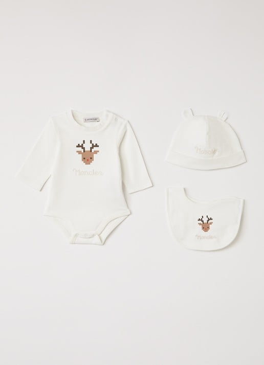 Moncler Set van romper met muts en slab in giftbox 3-delig