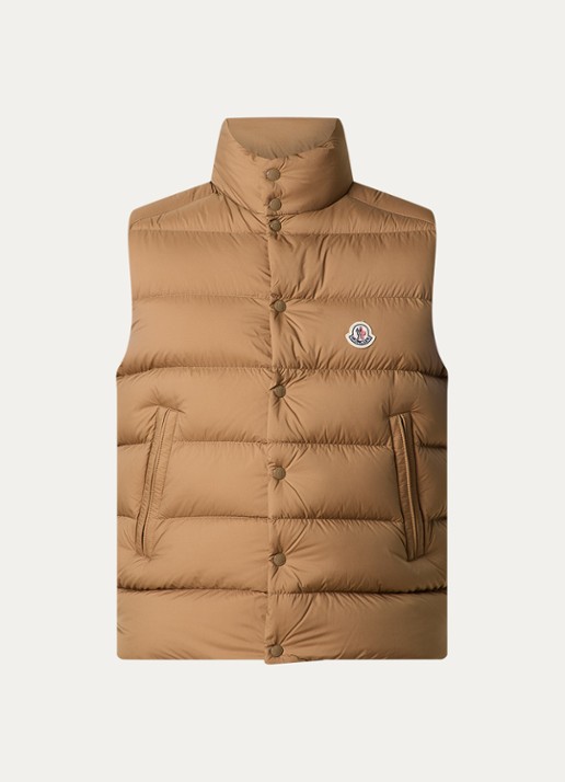 Moncler Tibb gewatteerde bodywarmer met donsvulling en logo - voorkant camel