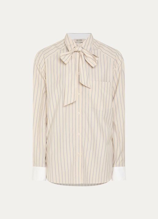 Mos Mosh Keeva blouse met sjaalkraag en streepprint - voorkant 3 beige