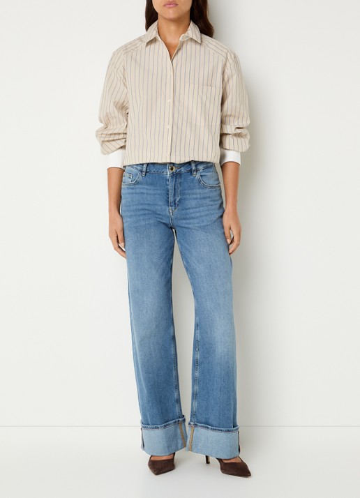 Mos Mosh Keeva blouse met sjaalkraag en streepprint - voorkant 4 beige