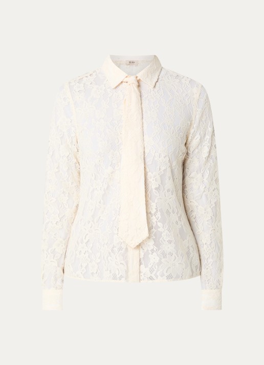 Mos Mosh Kether blouse met opengewerkt dessin en afneembare stropdas - voorkant 2 gebroken wit