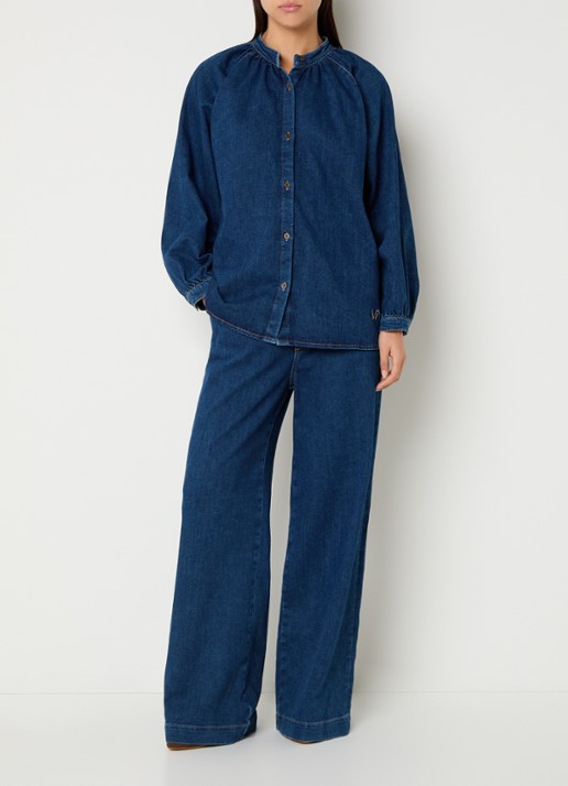 Mos Mosh MMBello blouse van denim met ballonmouw - voorkant 3 indigo