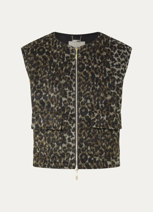 Mos Mosh MMElise Leo vest in wolblend met panterprint - voorkant 2 zwart