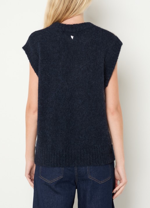 Mos Mosh MMJennine grofgebreide spencer in alpaca wolblend met ruitdessin - achterkant 2 donkerblauw