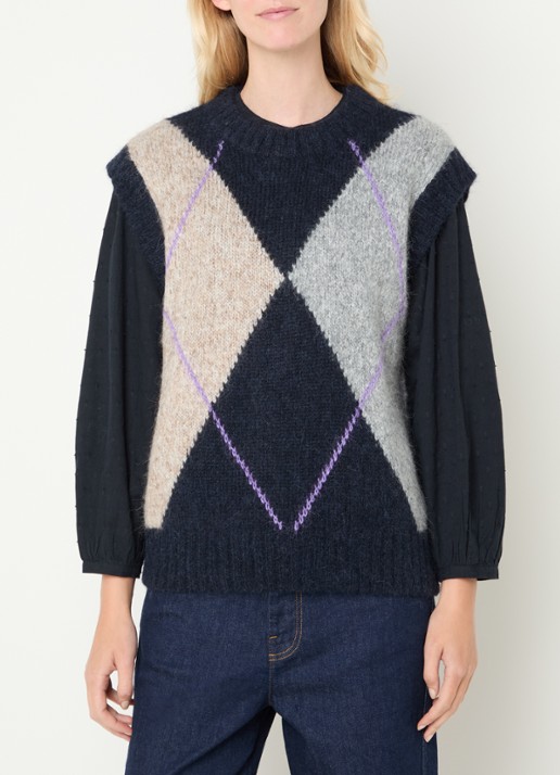 Mos Mosh MMJennine grofgebreide spencer in alpaca wolblend met ruitdessin