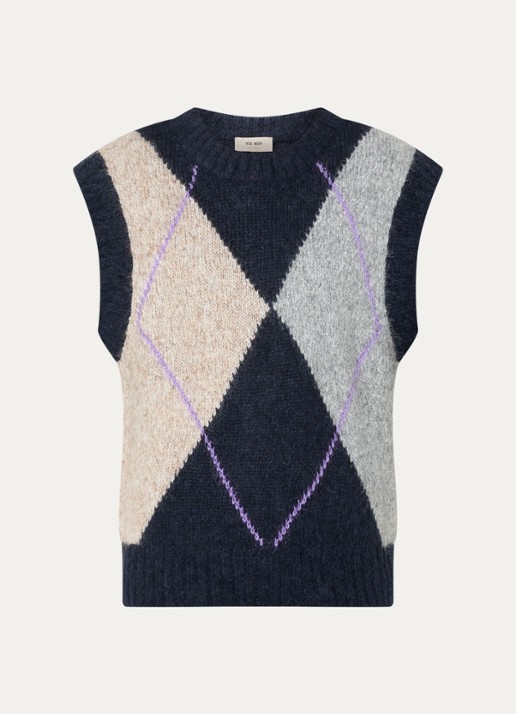 Mos Mosh MMJennine grofgebreide spencer in alpaca wolblend met ruitdessin - voorkant 3 donkerblauw
