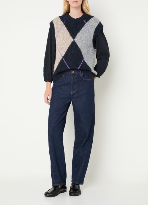 Mos Mosh MMJennine grofgebreide spencer in alpaca wolblend met ruitdessin - voorkant 4 donkerblauw