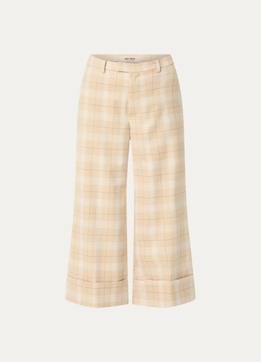 Mos Mosh MMLeyla Chelsea high waist wide fit cropped pantalon met ruitdessin - voorkant 3 beige