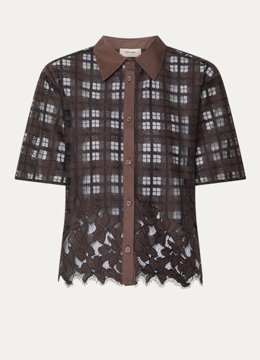 Mos Mosh MMLia River blouse met ruitdessin en details van kant - voorkant 2 bruin