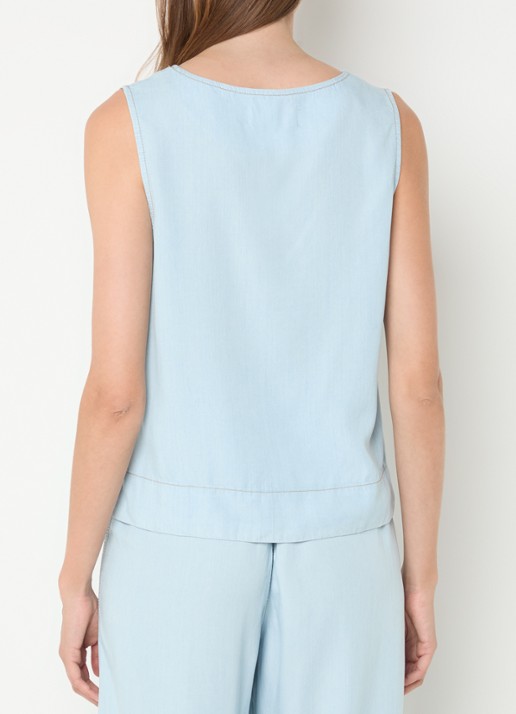 Mos Mosh MMLilli mouwloze top van chambray met borduring - achterkant 4 lichtblauw