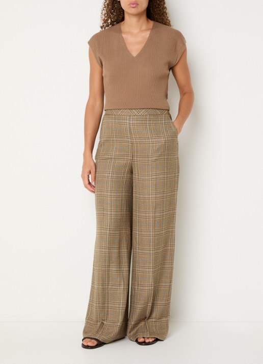 Mos Mosh MMMie Kalif high waist wide fit pantalon in wolblend met ruitdessin - voorkant 4 khaki