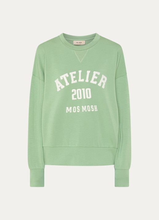 Mos Mosh MMNina sweater met flock logoprint - voorkant 2 groen