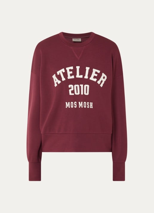 Mos Mosh MMNina sweater met flock logoprint - voorkant 2 bordeauxrood