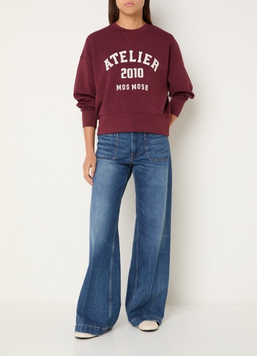 Mos Mosh MMNina sweater met flock logoprint - voorkant 3 bordeauxrood