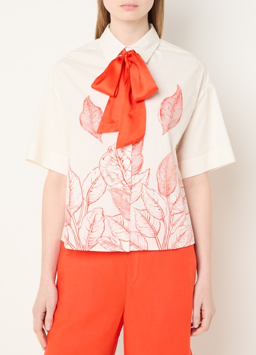 Mos Mosh MMSaras blouse met bladprint en sjaalkraag