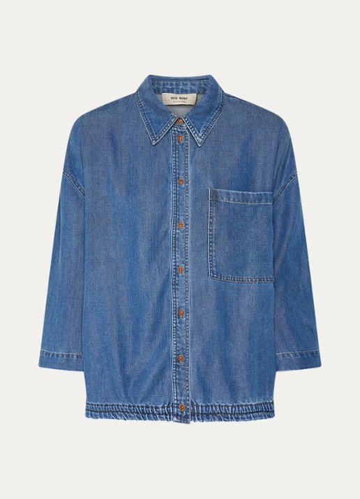 Mos Mosh MMTessa Lich blouse van chambray met borstzak - voorkant indigo