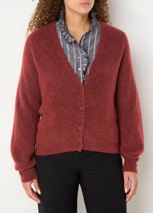Mos Mosh MMThora fijngebreid vest in alpaca wolblend met ballonmouw - detail steenrood