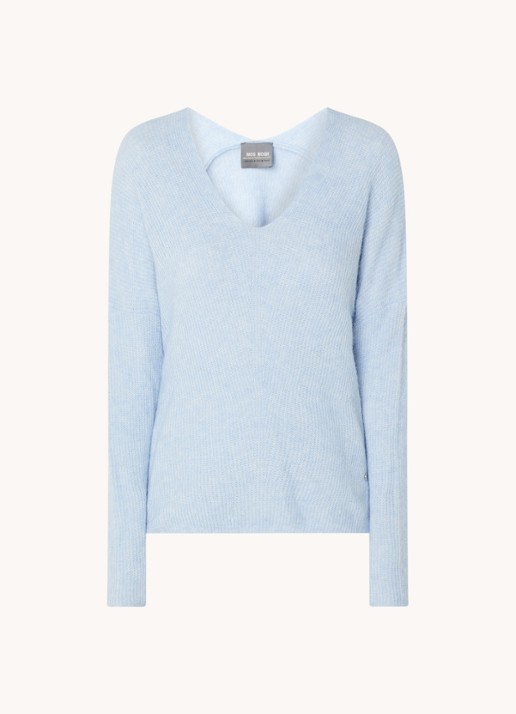 Mos Mosh MMThora fijngebreide pullover in alpaca wolblend met V-hals - voorkant cashmere blue / kobaltblauw