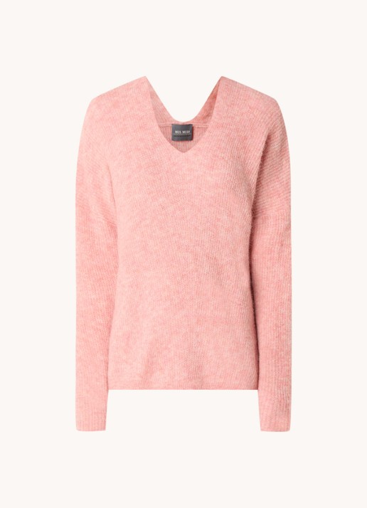 Mos Mosh MMThora fijngebreide pullover in alpaca wolblend met V-hals - voorkant 2 rosette / roze