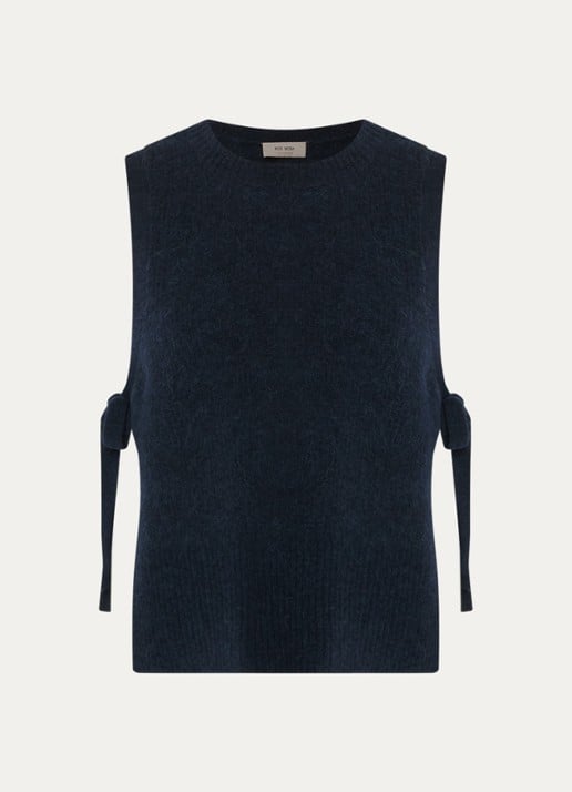Mos Mosh MMThora grofgebreide spencer in alpaca wolblend met gestrikt detail - voorkant donkerblauw