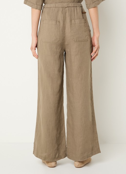 Moscow Heylow mid waist wide fit broek van linnen met steekzakken - achterkant 3 khaki