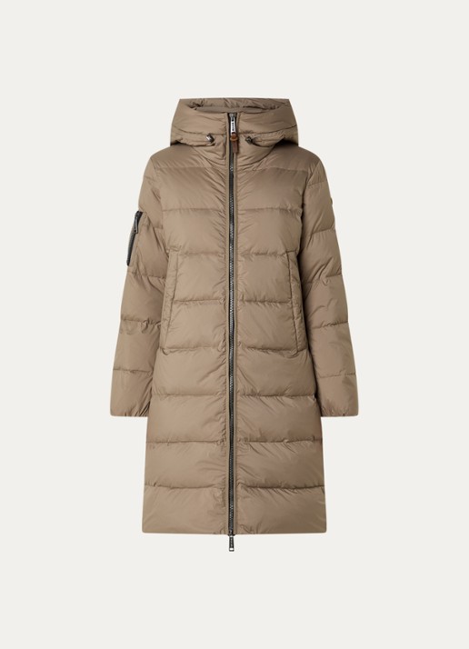 Moscow Missy longline puffer jas met donsvulling en capuchon - voorkant 2 taupe